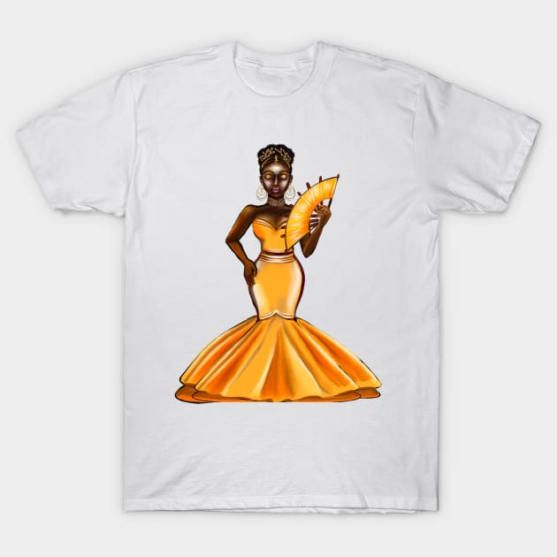 Black Empress -  Black Afro Princess in yellow with fan! beautiful black girl with Afro hair, brown eyes and dark brown skin. Hair love ! T-Shirt by Artonmytee